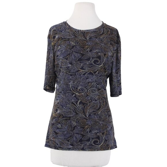 Johnny Was Top Sz L Navy Blue Multi Color Sheer Floral Nylon Spandex Top - Picture 1 of 12